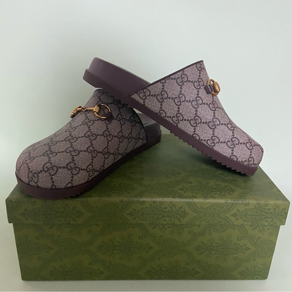 Gucci Plum Monogram Mules with Gold Accent - Picture 1 of 10